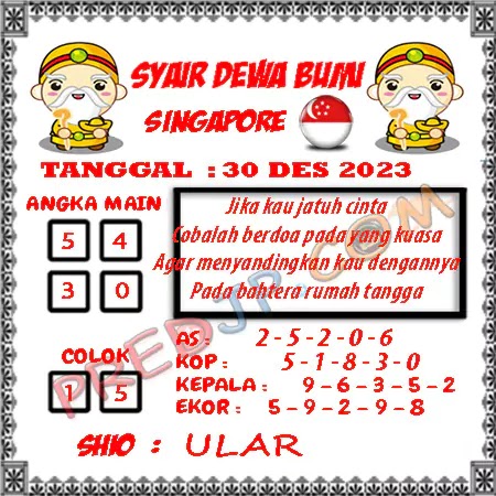 Prediksi Dewa Bumi Togel Singapura Sabtu 30 Desember 2023