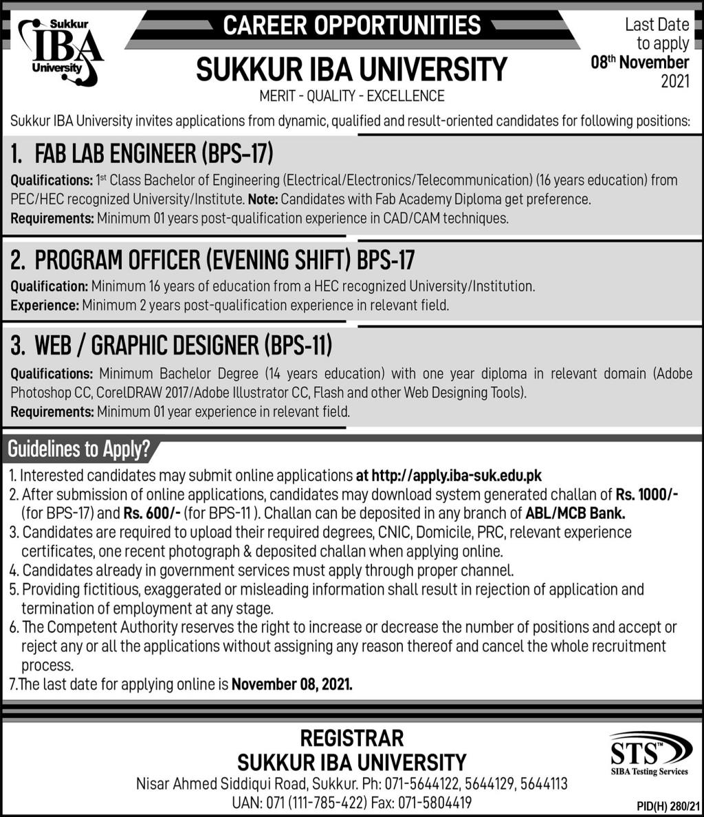 Sukkur IBA University Jobs 2021 For Lab Engineer, Program Officer and Web Designer
