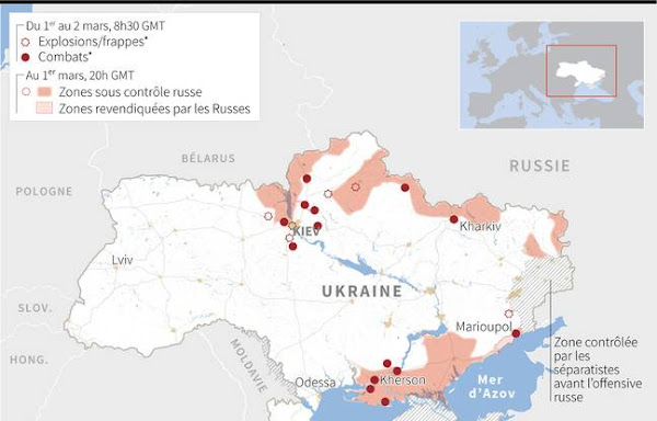 Carte d'Ukraine situant les lieux où ont été enregistrés des explosions, des frappes et des combats entre forces ukrainiennes et russes et les zones sous contrôle russe et revendiquées par les Russes, au 2 mars à 8h30 GMT. - Simon MALFATTO, Sabrina BLANCHARD, Cléa PÉCULIER, Kenan AUGEARD