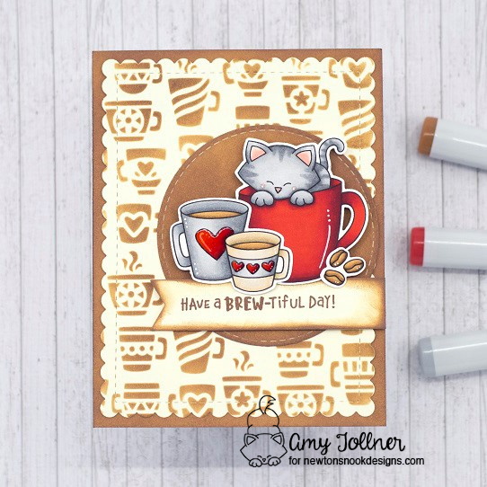 Newton's Mug Stamp and Die Set, Love Cafe Stamp and Die Set, Time for Coffee Stamp Set, Frames and Flags Die Set, Circle Frames Die Set, Mugs Stencil by Newton's Nook Designs #newtonsnook #handmade