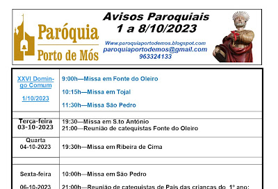 Avisos Paroquiais - 01 a 08de Outubro 2023