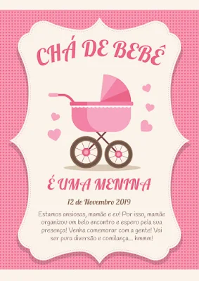 Convite Chá de Bebê Menina para Editar Grátis