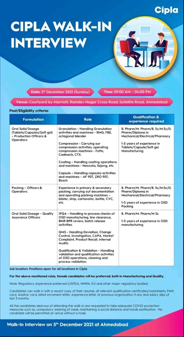 Cipla Limited | Walk-in interview at Ahmedabad for Production/Packing/QA on 5th Dec 2021