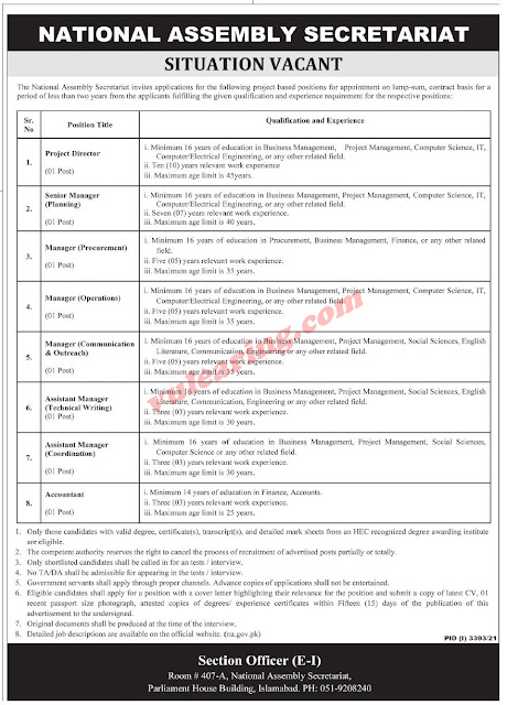 Advertisement of National Assembly Secretariat Jobs 2021 for Managers, Assistant Managers Accountant & Project Director at Islamabad Latest Jobs In Pakistan