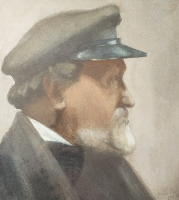 "Sea captain," a watercolour of a bearded sea captain wearing his hat, by Scottish artist Winnifred Stuart Burnett in 1910.