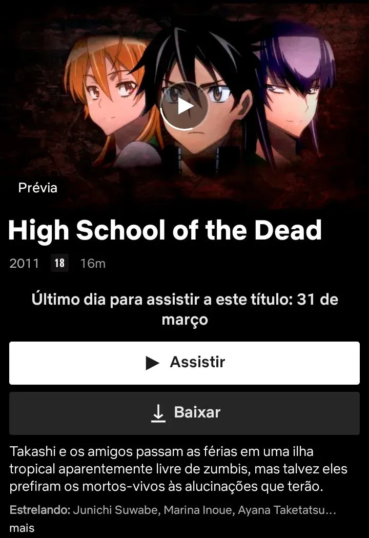 O Anime Highschool of the Dead Será Retirado do Catálogo da Netflix