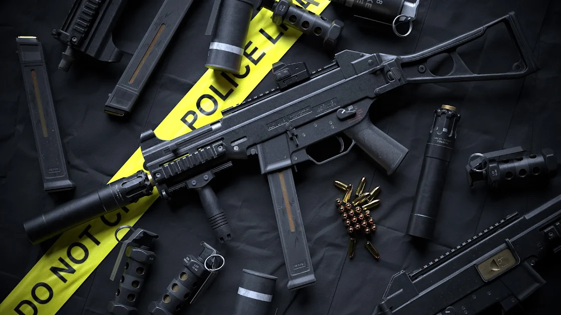 High-resolution image featuring a detailed array of tactical gear, including firearms, magazines, and police tape, on a dark backdrop.