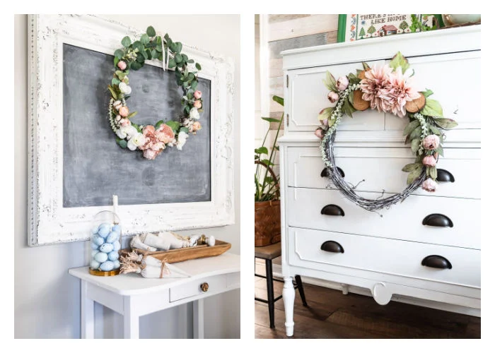 Spring wreaths in white, blush and green hanging on shabby chic white cottage dresser and chalkboard