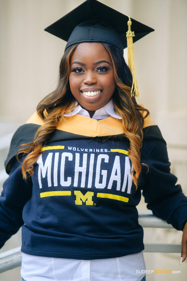 University of Michigan College Black Student Graduation Pictures on Campus by SudeepStudio.com Ann Arbor University Graduation Portrait Photographer