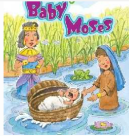 Image A cartoon drawing showing a baby in a basket in the water and two women standing in the water looking at the baby