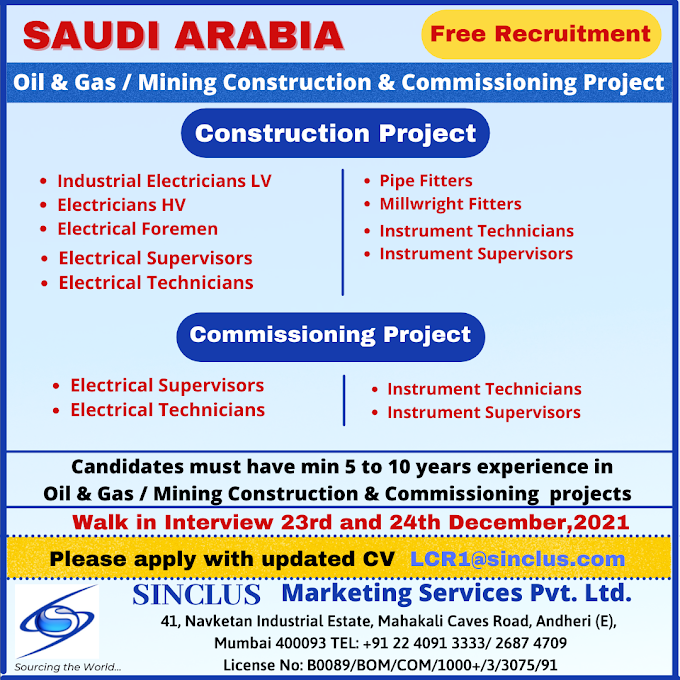 Free Recruitment : E&I Construction and Commissioning Projects Jobs in Saudi Arabia