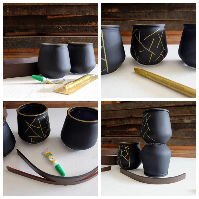 black and gold diy candle holder supplies through assembly collage