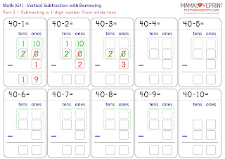 MamaLovePrint . Grade 1 Math Worksheets . Vertical Subtraction with Borrowing (Across Zeros) PDF Free Download 數學工作紙 直式借位減法