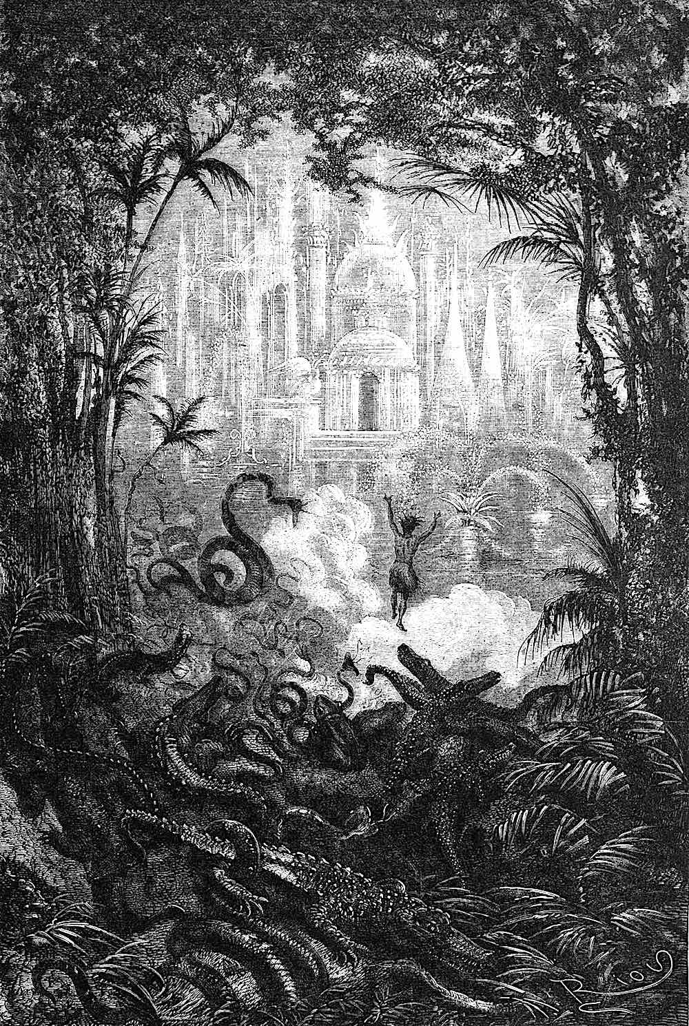 an Édouard Riou illustration 1868, jungle fantasy