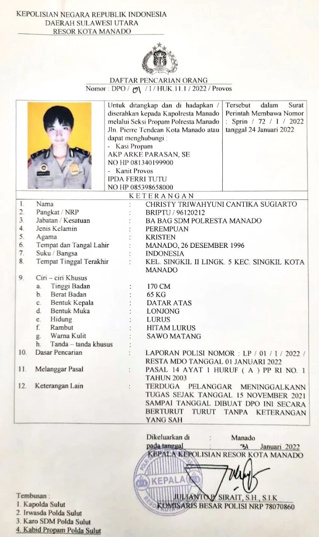Kabar hilang atau kaburnya polwan cantik Briptu Chisty dari satuannya di Bagian Sumber Da Briptu Christy Polwan Cantik Manado Yang Hilang dan Viral, Sempat Digilai Pengusaha dan Pejabat