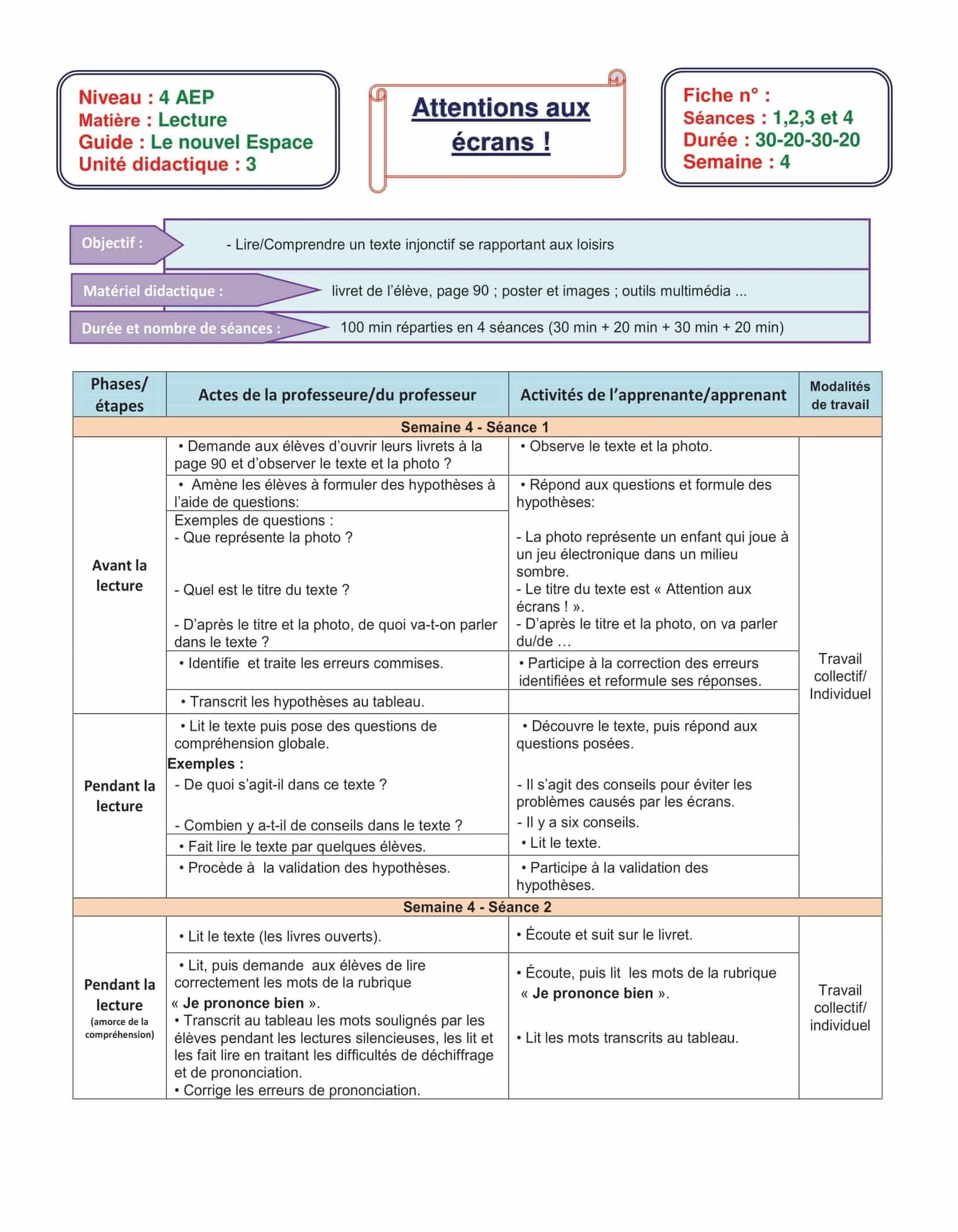 Fiche Attentions aux écrans! 4aep