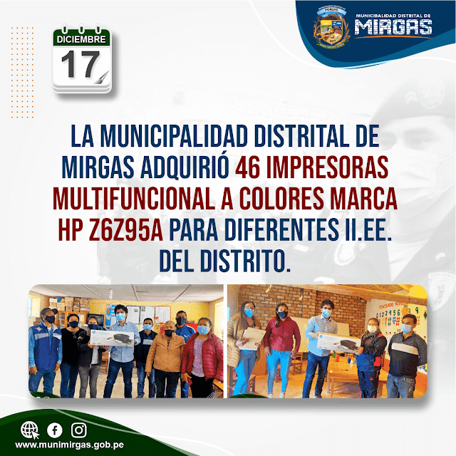 La Municipalidad Distrital de Mirgas adquiriÃ³ 46 impresoras multifuncional a colores marca HP Z6Z95A para diferentes II.EE. del Distrito.