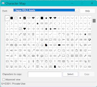 Character Map showing the Segoe MDL2 Assets font