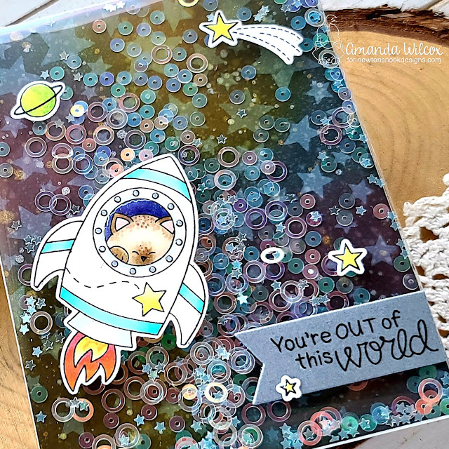 Space themed Shaker Card by Amanda Wilcox | Cosmic Newton Stamp Set, Cascading Stars Stencil and Frames & Flags Die Set by Newton's Nook Designs #newtonsnook