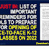 LIST OF IMPORTANT REMINDERS FOR SCHOOLS TO PREPARE FOR OPENING OF FACE-TO-FACE CLASSES K-12 ON 2022