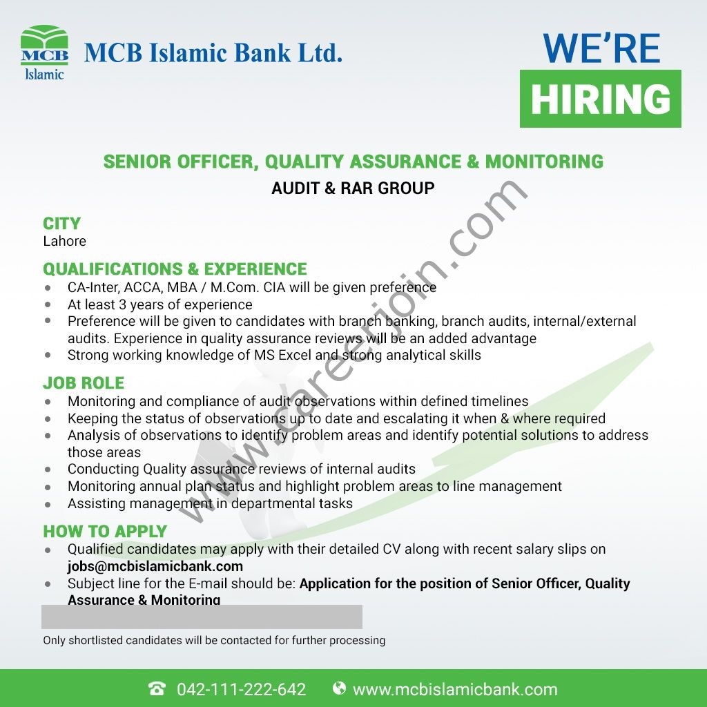 MCB Islamic Bank Limited Jobs Senior Officer Quality Assurance & Monitoring-Today Banking Jobs 2021-Apply At: jobs@mcbislamicbank.com