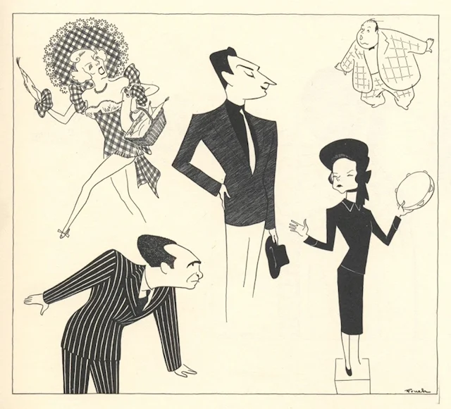 Al Frueh caricature of original 1950 Broadway production of Guys and Dolls starring Sam Levene as Nathan Detroit