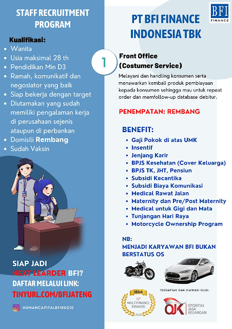 Lowongan Kerja Agency Relationship Executive dan Front Office / CS PT BFI Finance Indonesia Cabang Rembang