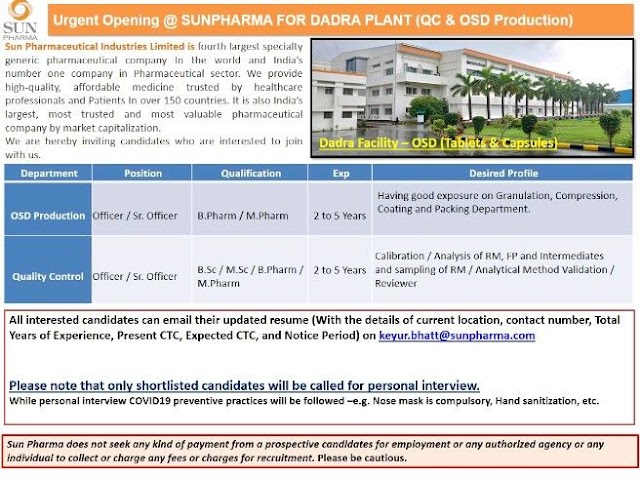 Sun Pharma | Urgent Openings at Dadra plant for Production/QC (OSD) | Send CV