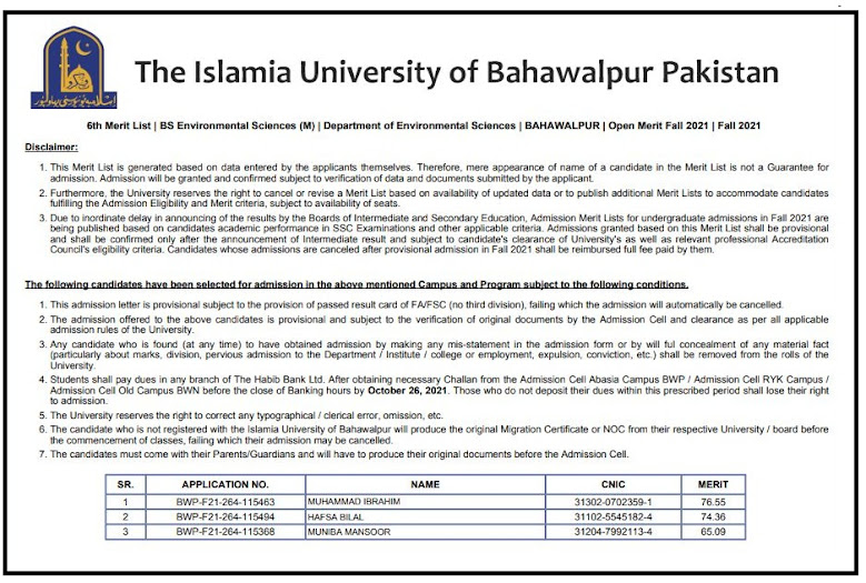 The Islamia University of Bahawalpur IUB Main Campus  BS Program (Morning) 6th Merit List Upload Fall Admissions 2021