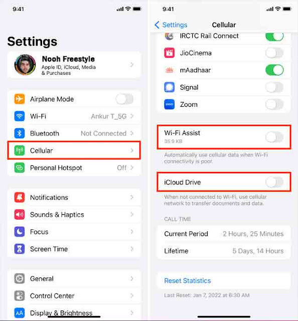 قم بإيقاف تشغيل مساعدة Wi-Fi و iCloud Drive من الإعدادات الخلوية لـ iPhone