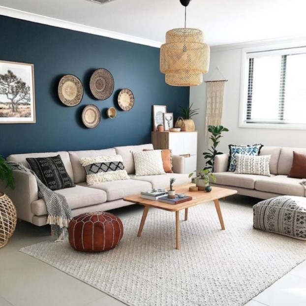 dark blue accent wall living room