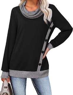 Long Sleeve Cowl Neck Pullover Button Side Tunic Sweatshirt