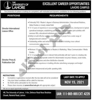 University of Lahore Jobs UOL (College of Destiny) 2021