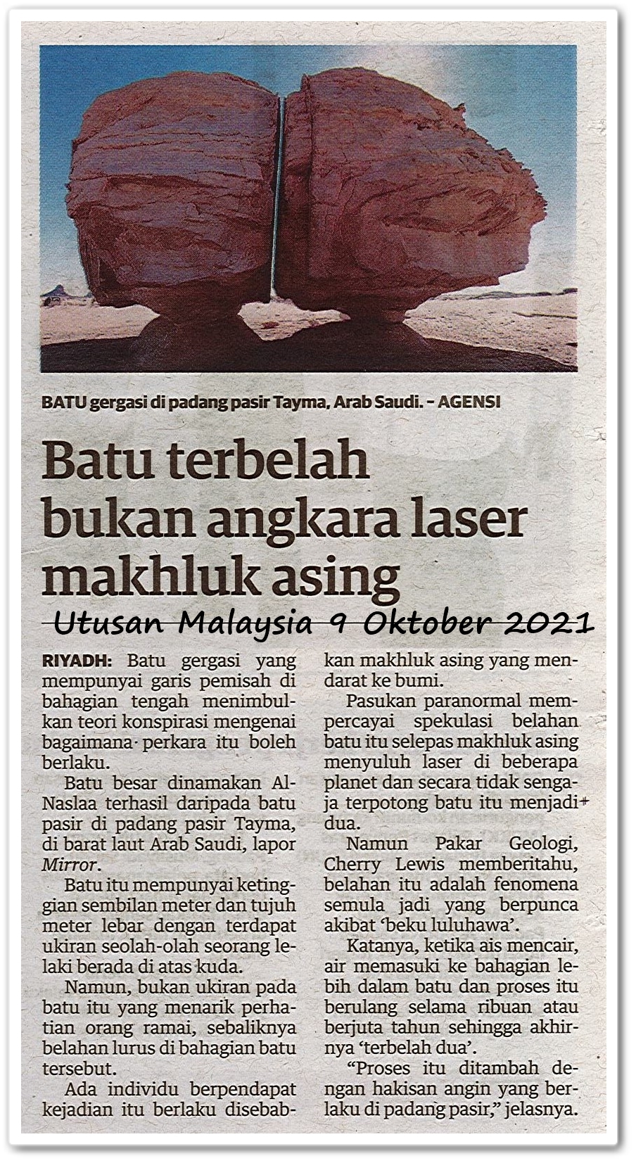 Batu terbelah bukan angkara laser makhluk asing - Keratan akhbar Utusan Malaysia 9 Oktober 2021