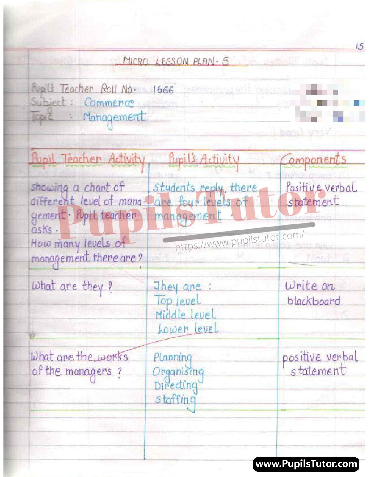 Microteaching Illustration Skill With Examples Commerce Lesson Plan For Class 11,12 On Levels Of Management – (Page And Image Number 1) – Pupils Tutor