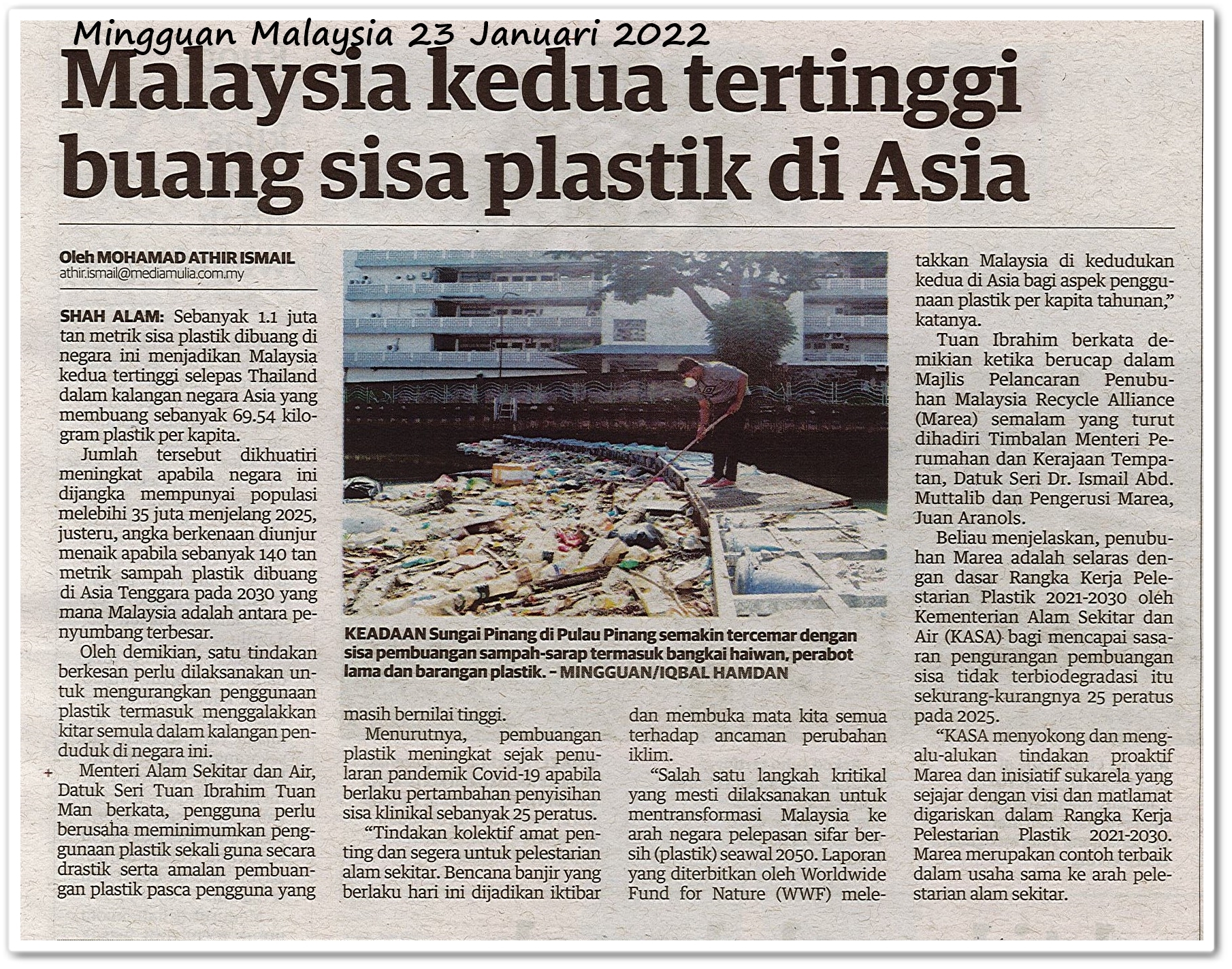Malaysia kedua tertinggi buang sisa plastik di Asia - Keratan akhbar Mingguan Malaysia 23 Januari 2022