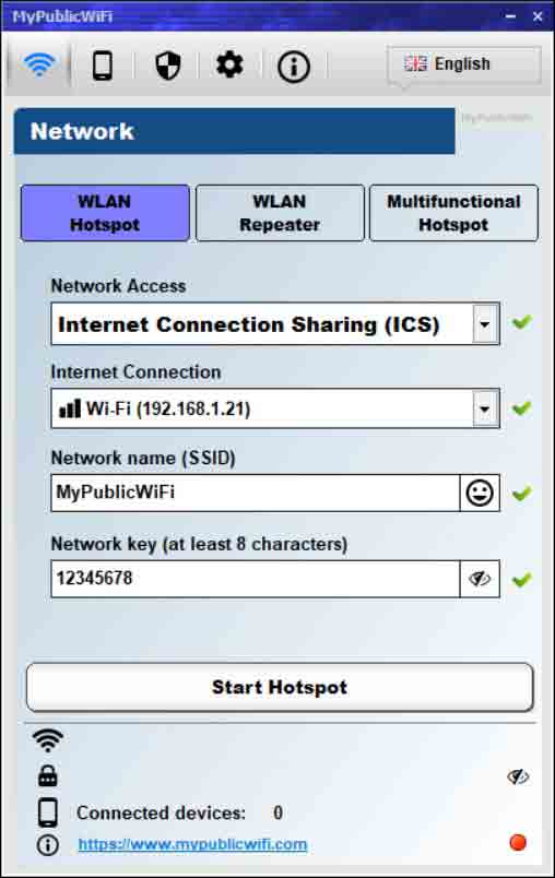 بعد تنزيل البرنامج وتثبيته وتشغيله ، انقر فوق خيار WLAN Hotspot