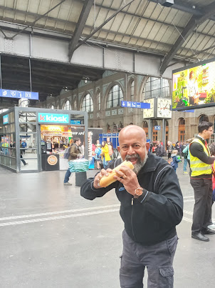 A snack of " Jumbo Hotdog" at Zurich train station.