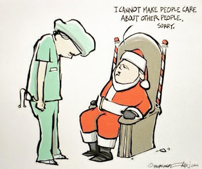 Sad medic stands in front of seated Santa with text - I cannot make people care about other people
