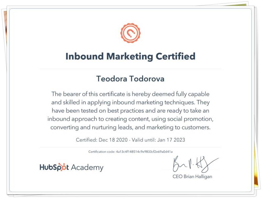 Сертификат Inbound Marketing Hubspot