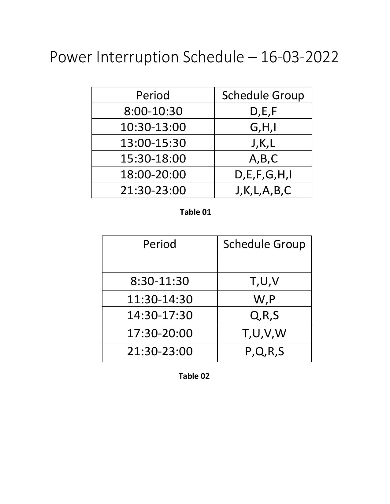 power cut schedule