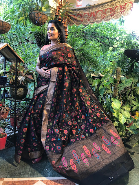 Banarasi black cotton saree with multicolor floral jaal