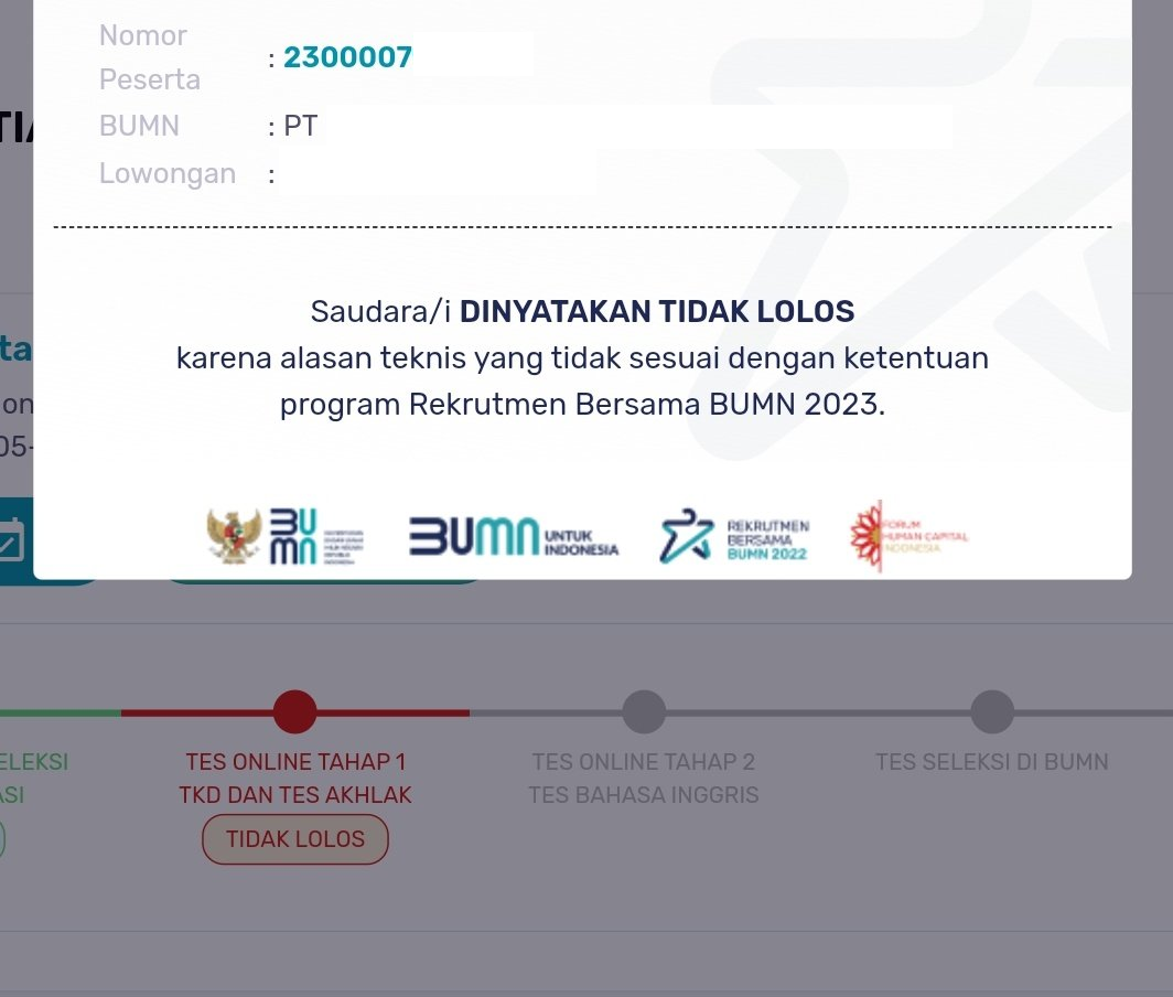 Pengumuman Hasil TKD dan Core Values AKHLAK BUMN 2023: Tidak lolos
