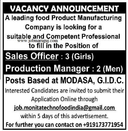 Sales Officer & Production Manager Job - MODASA GIDC