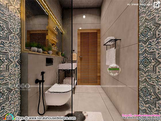 Beige theme bathroom interior with bathroom wallpapers