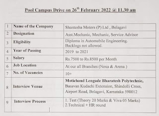 Diploma Jobs Pool Campus Drive on 26th February 2022 For Shantesha Motors (P) Ltd Belagavi, Karnataka