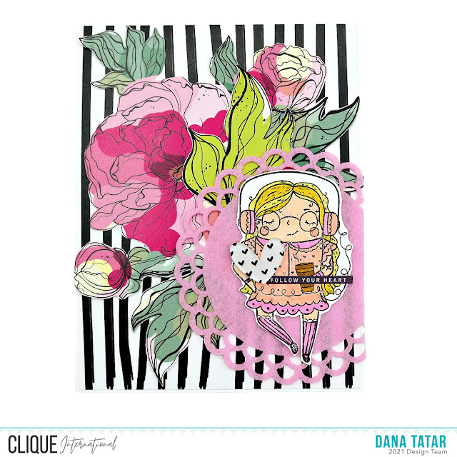 Stamped Hipster Girl Black Stripe and Bold Pink Flower Valentine's Day Card