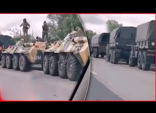 A large convoy of Russian army personnel and equipment is on its way to Moscow.