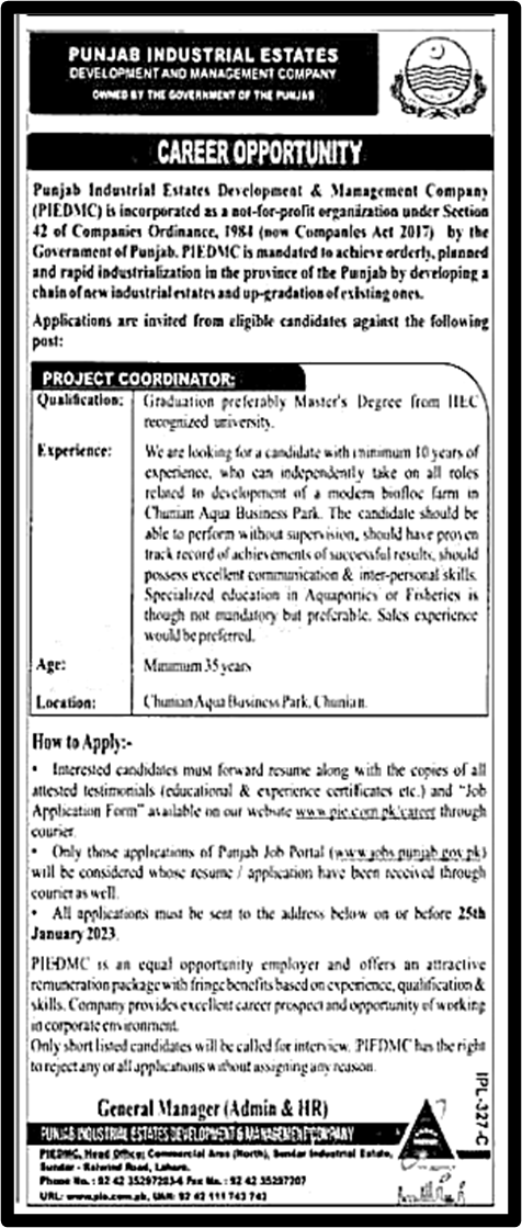 PIEDMC Jobs 2023 – Punjab Industrial Estates Development & Management Company