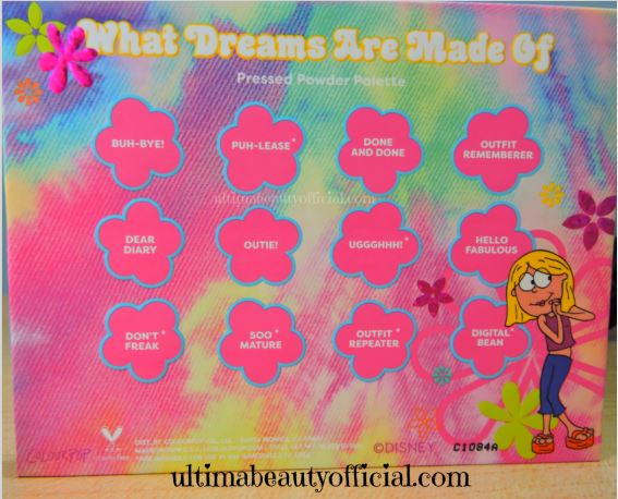 Back of eyeshadow palette box listing the names of the shades: Buh-Bye!, Puh-Lease, Done and Done, Outfit Rememberer, Dear Diary, Outie, Uggghhh!, Hello Fabulous, Don’t Freak, Soo Mature, Outfit Repeater, Digital Bean